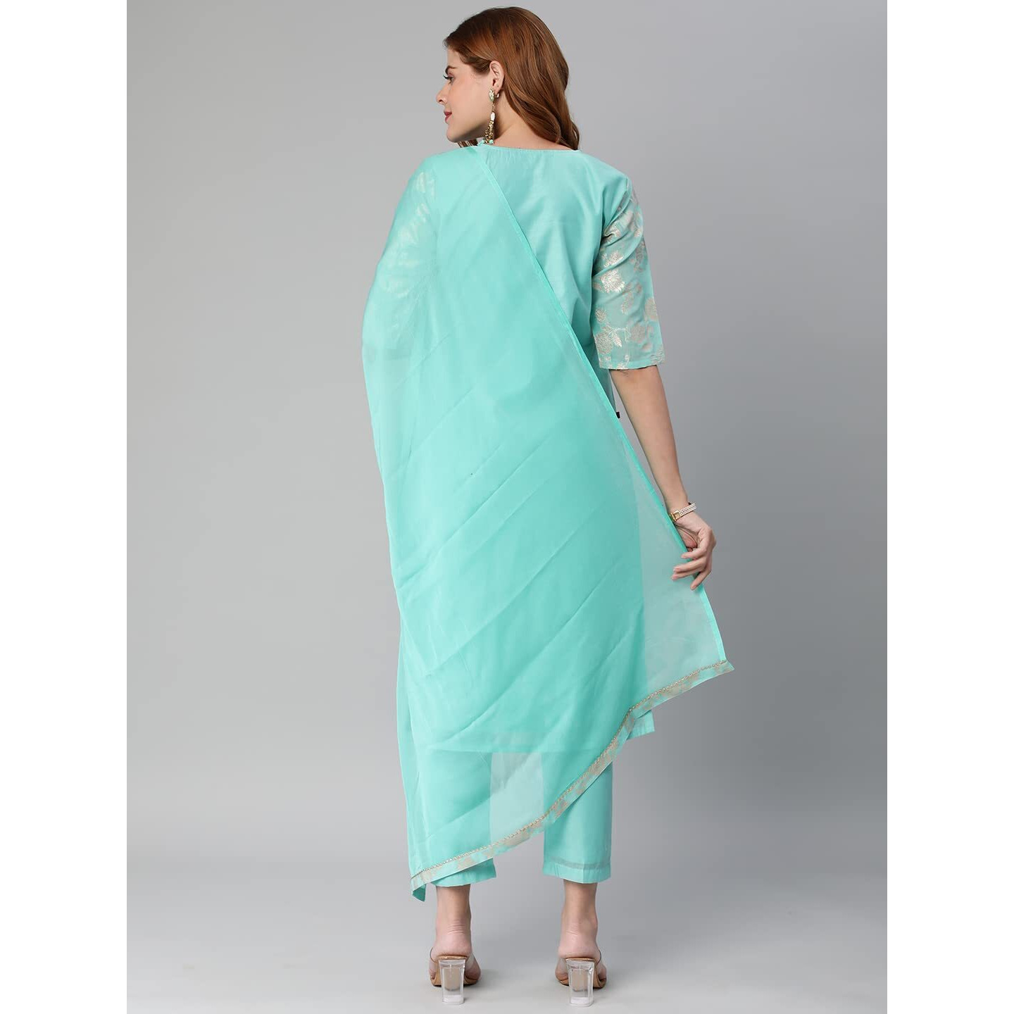 Gosriki Women's Banarasi Woven Straight Embellished Printed Kurta With Pant & Dupatta (Kabzaa-See Green-Gs_S_See Green_Small)