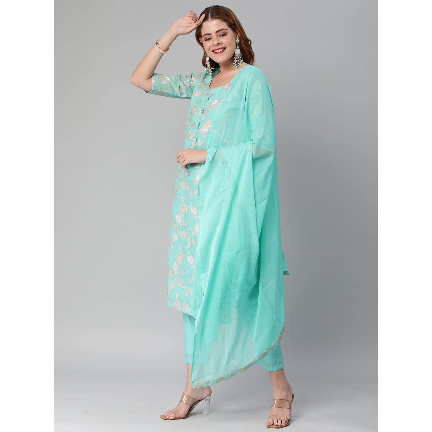 Gosriki Women's Banarasi Woven Straight Embellished Printed Kurta With Pant & Dupatta (Kabzaa-See Green-Gs_S_See Green_Small)