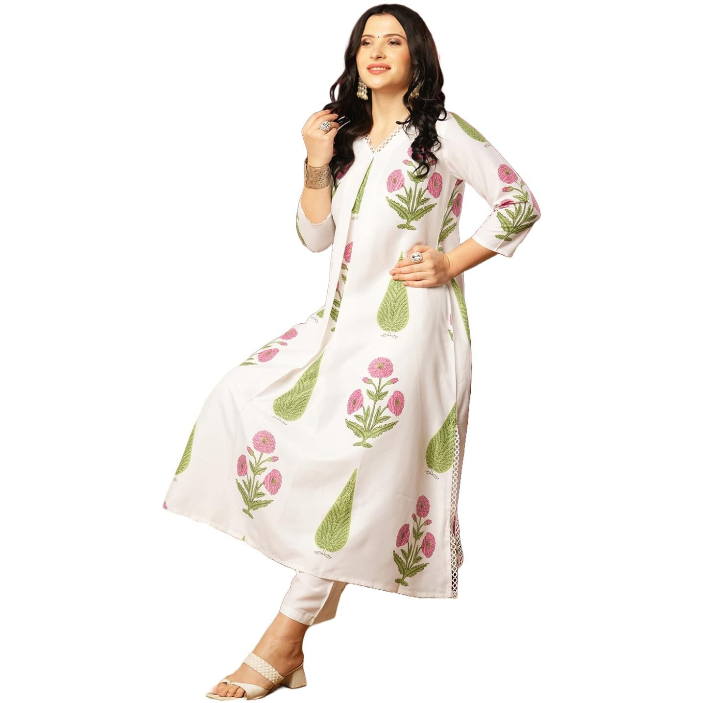 Gosriki Women's Rayon Viscose A-Line Printed Kurta With Pant (Pnil White-Vks01-Gs_M_White_Medium)