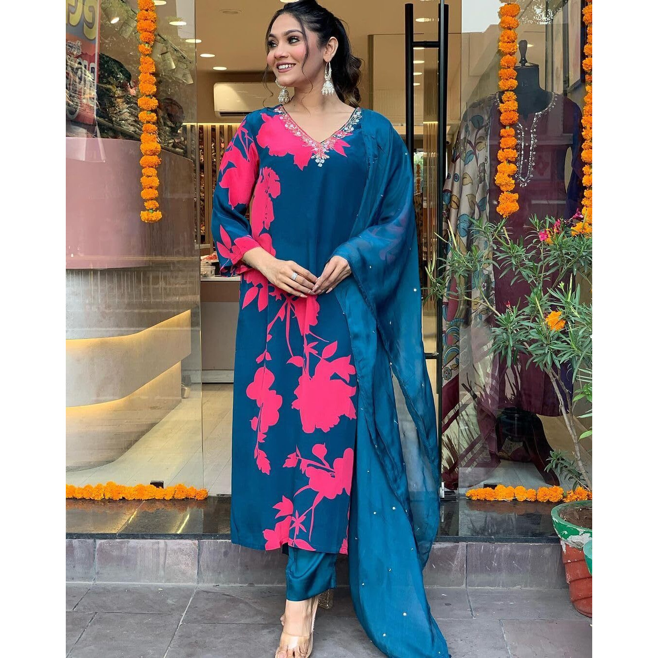 Gosriki Women's Cotton Blend Straight Printed Kurta With Pant & Dupatta (Protin-Cerosin-Gs_L_Blue_Large)