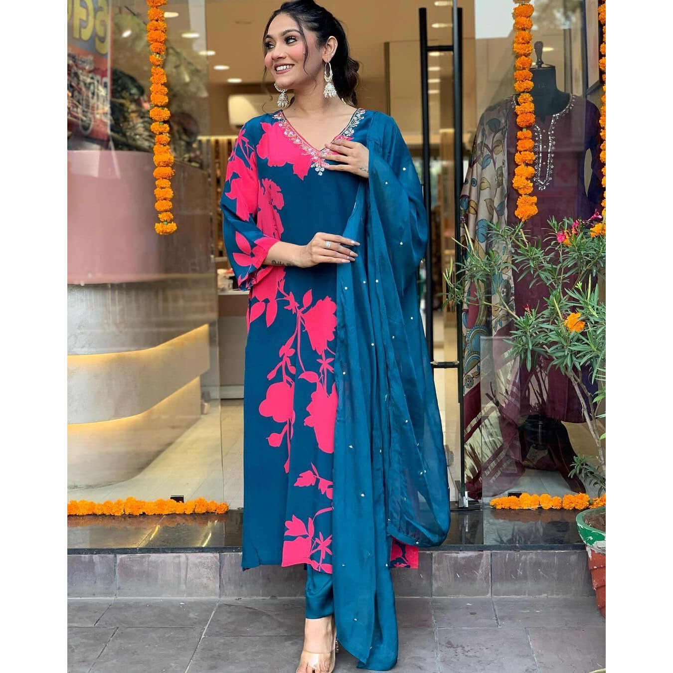 Gosriki Women's Cotton Blend Straight Printed Kurta With Pant & Dupatta (Protin-Cerosin-Gs_L_Blue_Large)
