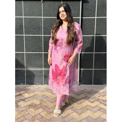 Gosriki Women's Rayon Viscose Printed Straight Kurta With Pant (Susan Pink-Vks02-Gs_M_Pink_Medium)