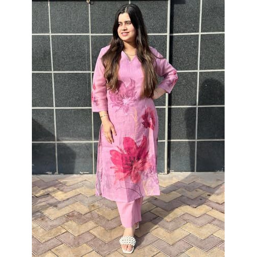 Gosriki Women's Rayon Viscose Printed Straight Kurta With Pant (Susan Pink-Vks02-Gs_M_Pink_Medium)