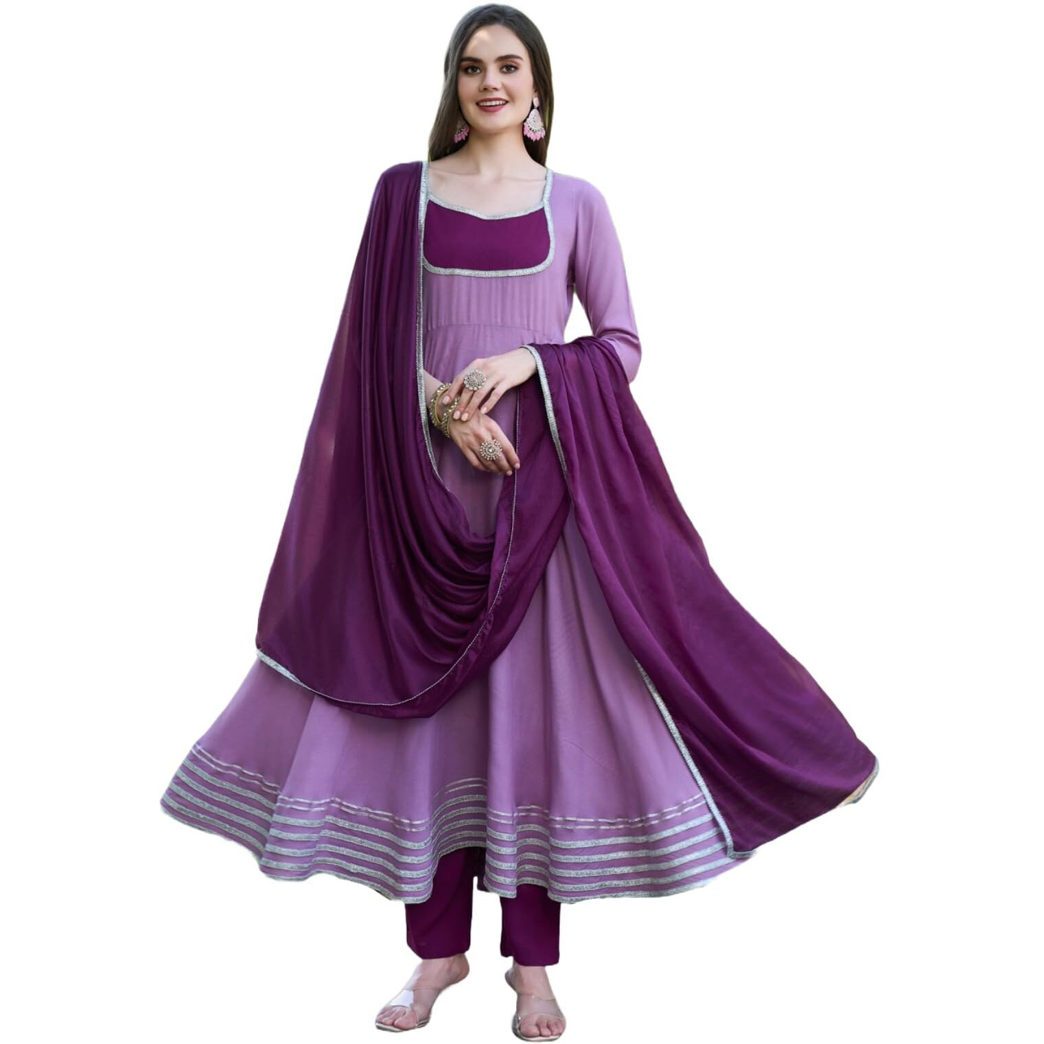 Gosriki Women's Rayon Blend Solid Anarkali Kurta With Pant & Dupatta (Kuspari Lavender-Vks01-Gs_M_Lavender_Medium)
