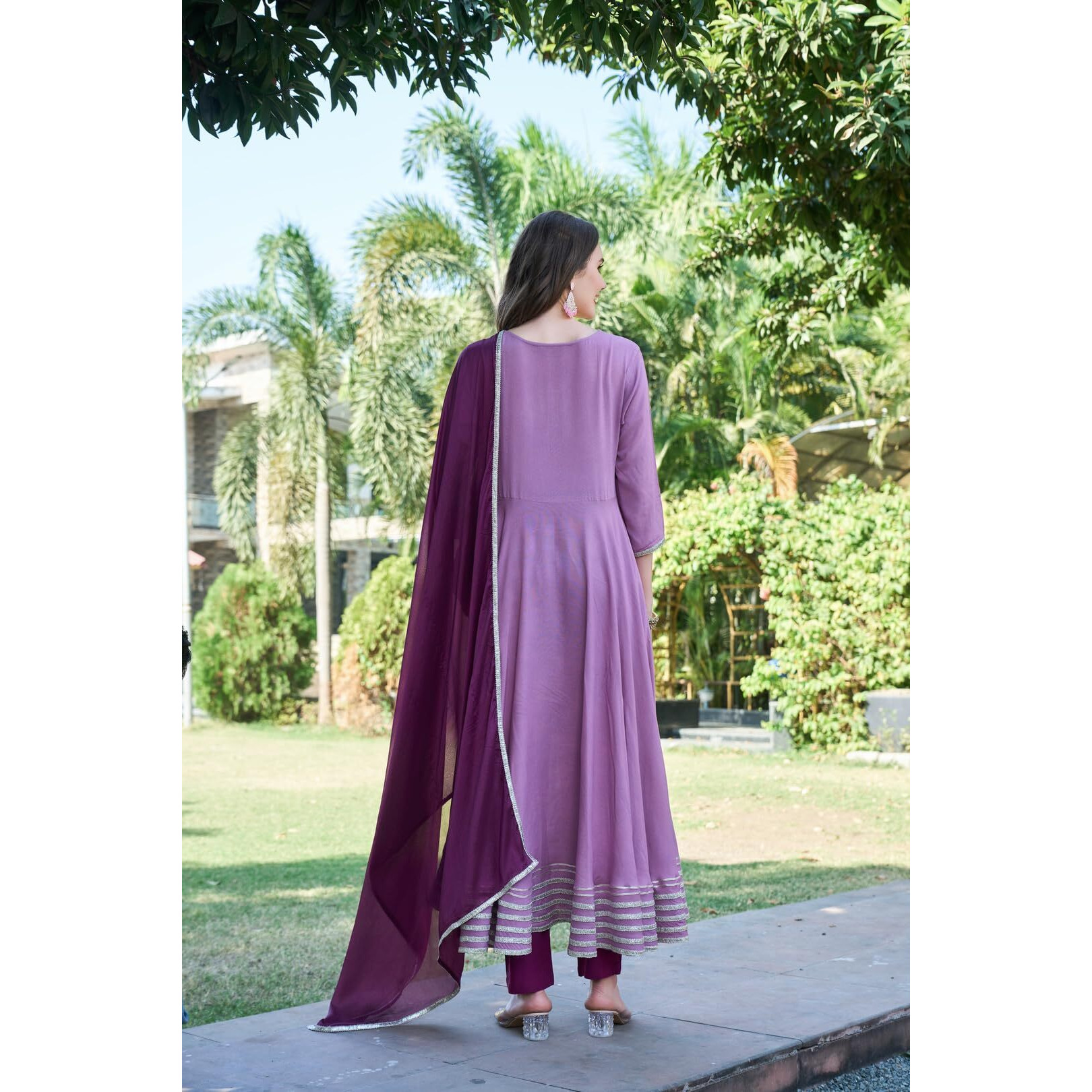 Gosriki Women's Rayon Blend Solid Anarkali Kurta With Pant & Dupatta (Kuspari Lavender-Vks01-Gs_M_Lavender_Medium)