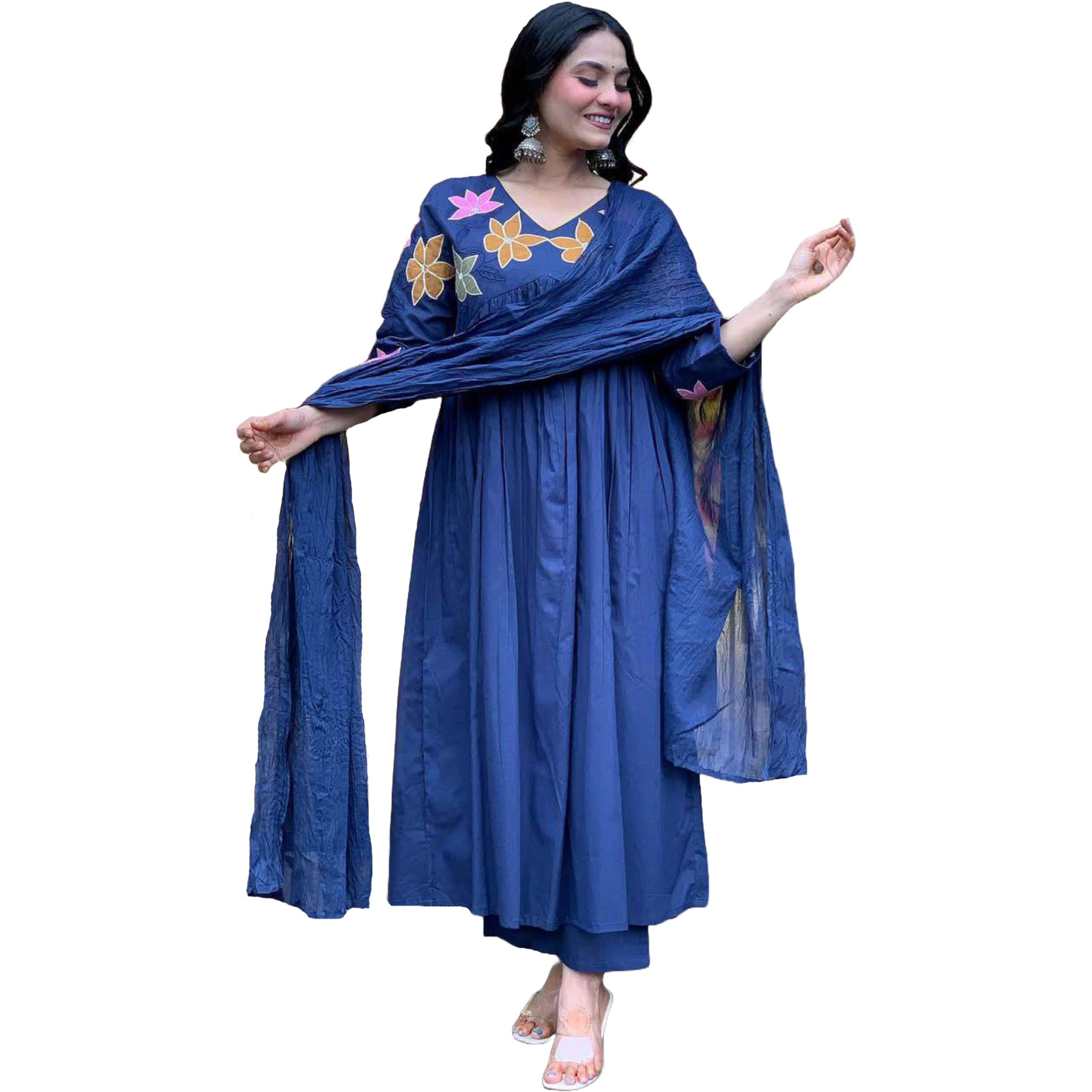 Gosriki Women's Rayon Viscose Anarkali Printed Kurta With Pant & Dupatta (Jisma Blue-Gs_M_Blue_Medium)