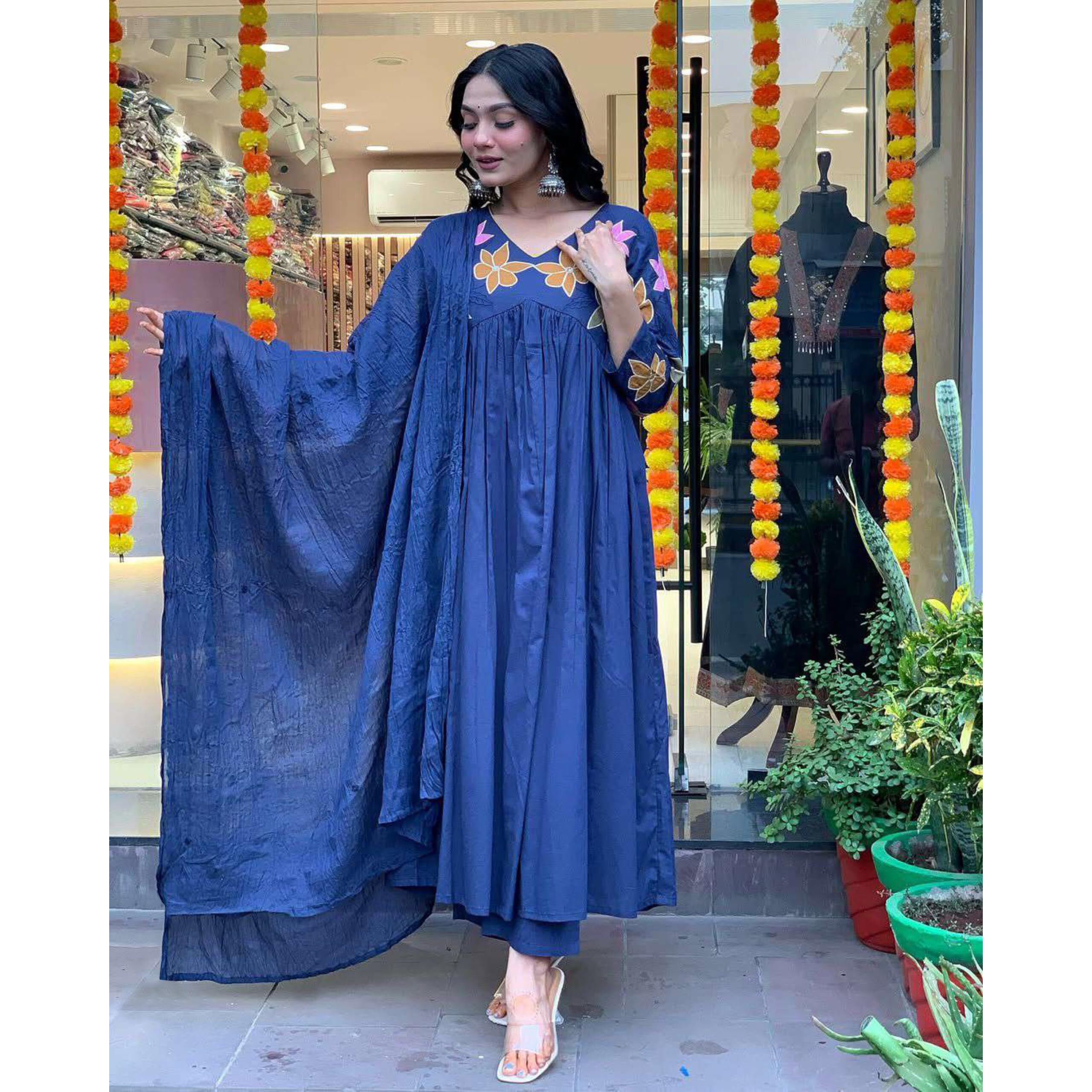 Gosriki Women's Rayon Viscose Anarkali Printed Kurta With Pant & Dupatta (Jisma Blue-Gs_M_Blue_Medium)