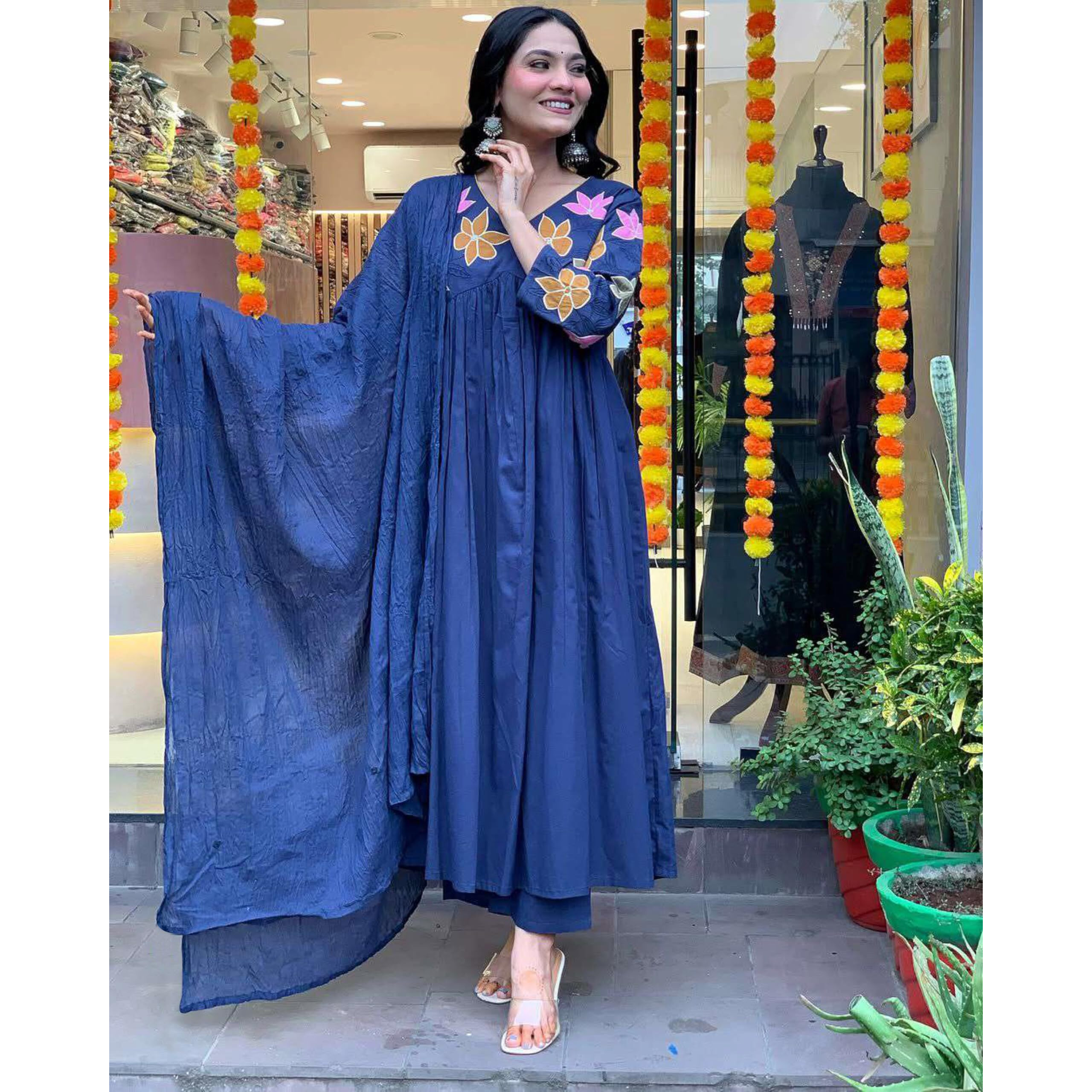 Gosriki Women's Rayon Viscose Anarkali Printed Kurta With Pant & Dupatta (Jisma Blue-Gs_M_Blue_Medium)