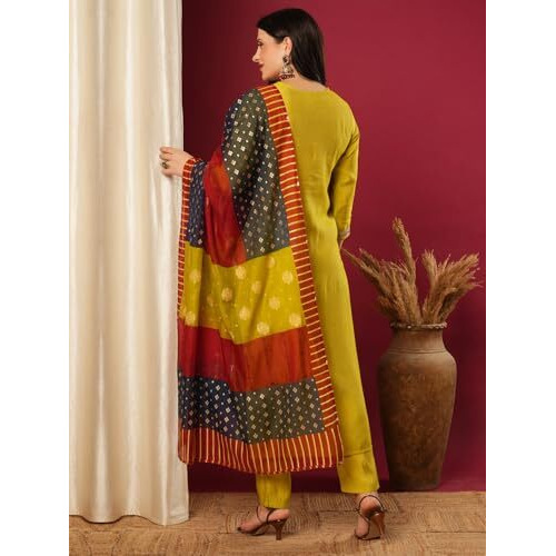 Gosriki Women's Rayon Viscose Embroidered Straight Kurta With Pant & Dupatta (Jennu Mehandi-Vks01-Gs_M_Mehandi_Medium)