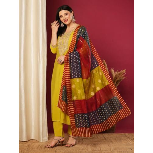 Gosriki Women's Rayon Viscose Embroidered Straight Kurta With Pant & Dupatta (Jennu Mehandi-Vks01-Gs_M_Mehandi_Medium)