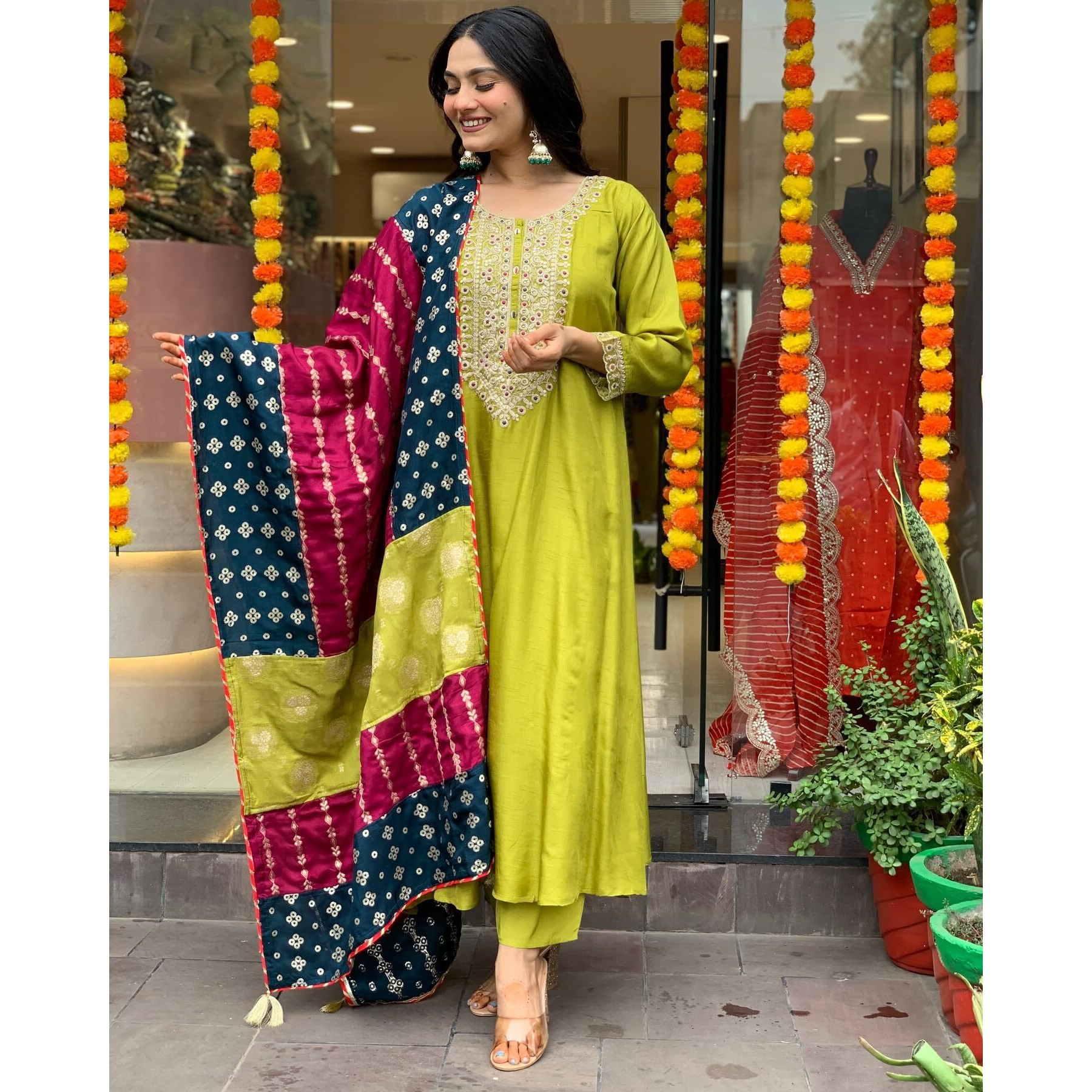 Gosriki Women's Rayon Viscose Embroidered Anarkali Kurta With Pant & Dupatta (Jennu Mehandi-Gs_L_Mehandi_Large)