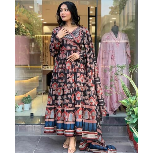 Gosriki Women's Rayon Viscose Printed Anarkali Kurta With Pant & Dupatta (Svr Black-Vks01-Gs_M_Black_Medium)