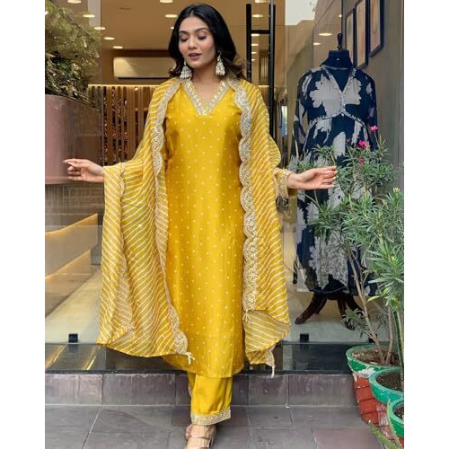 Gosriki Women's Rayon Blend Printed Straight Kurta With Pant & Dupatta (June Yellow-Gs_Xxl_Yellow_Xx-Large)