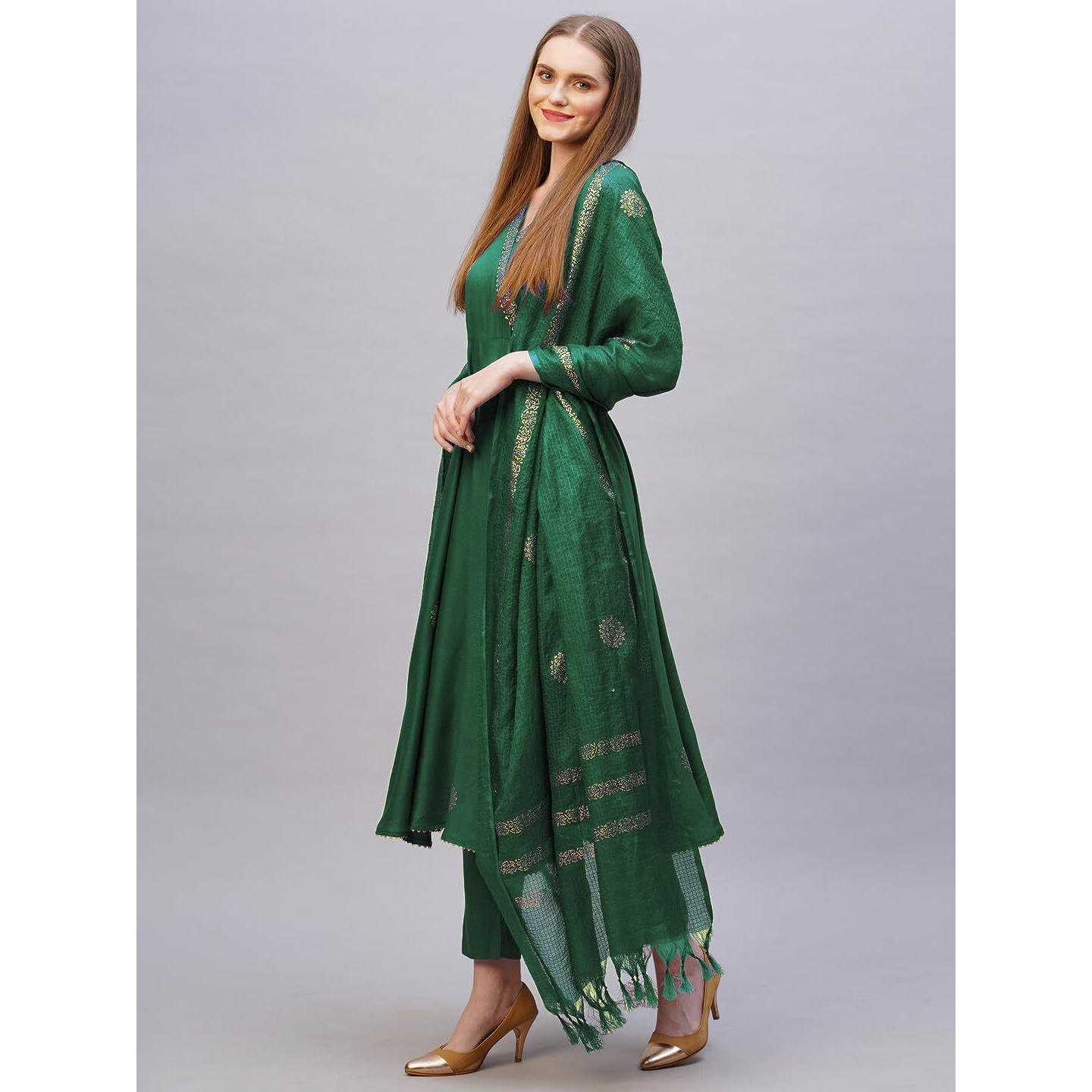 Gosriki Women's Rayon Blend Anarkali Printed Kurta With Pant & Dupatta (Berlin Green-Vks02-Gs_M_Green_Medium)
