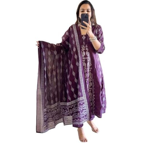 Gosriki Women's Rayon Viscose Printed Anarkali Kurta With Pant & Dupatta (Jarry Wine-Vks01-Gs_Xxl_Wine_Xx-Large)