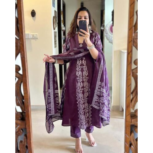Gosriki Women's Rayon Viscose Printed Anarkali Kurta With Pant & Dupatta (Jarry Wine-Vks01-Gs_Xxl_Wine_Xx-Large)