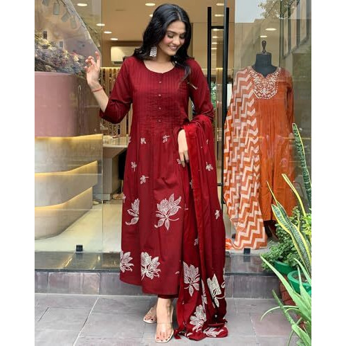 Gosriki Women's Rayon Viscose Anarkali Printed Kurta With Pant & Dupatta (Gangori Red-Vks01-Gs_M_Red_Medium)