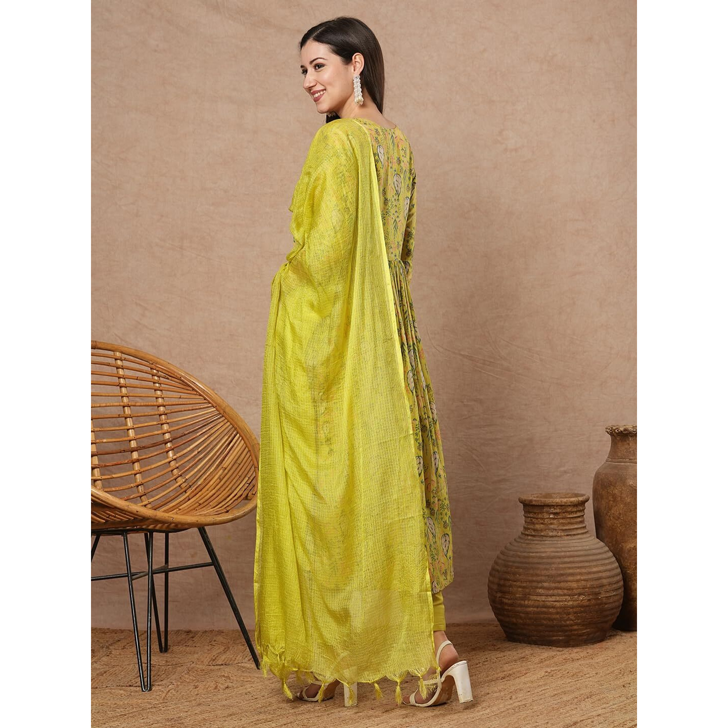 Gosriki Women's Rayon Viscose Printed Anarkali Kurta With Pant & Dupatta (Horizon Green-Vks01-Gs_M_Green_Medium)