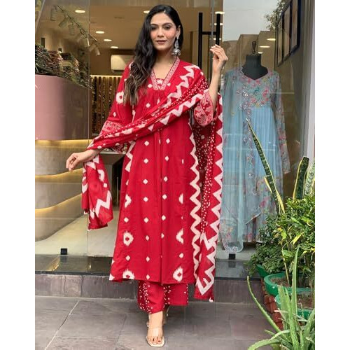 Gosriki Women's Rayon Viscose Printed Anarkali Kurta With Palazzo & Dupatta (Chakrika Red-Vks01-Gs_M_Red_Medium)