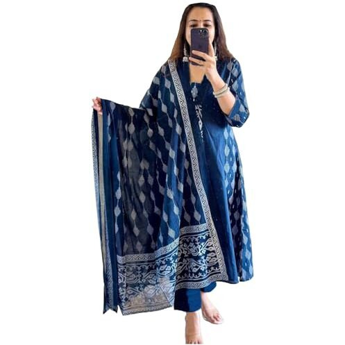 Gosriki Women's Rayon Viscose Printed Anarkali Kurta With Pant & Dupatta (Jarry Blue-Gs_S_Blue_Small)
