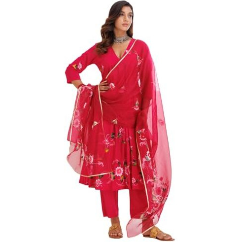Gosriki Women's Rayon Viscose Printed Anarkali Kurta With Pant & Dupatta (Dilruba Rani-Gs_S_Pink_Small)