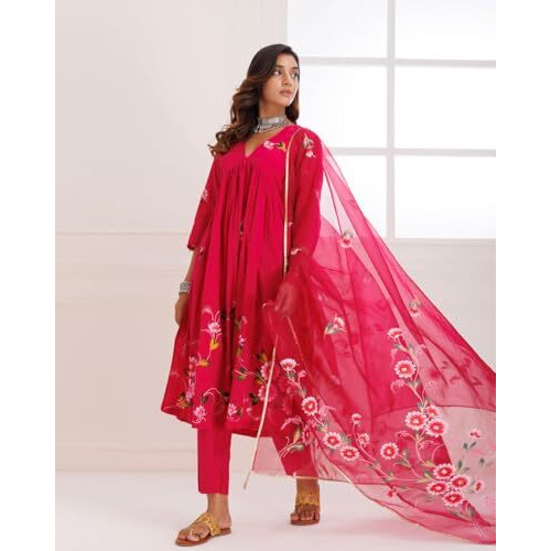 Gosriki Women's Rayon Viscose Printed Anarkali Kurta With Pant & Dupatta (Dilruba Rani-Gs_S_Pink_Small)
