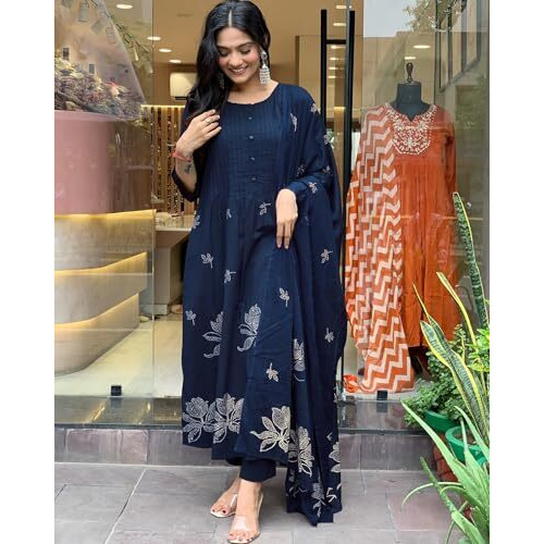 Gosriki Women's Rayon Viscose Anarkali Printed Kurta With Pant & Dupatta (Gangori Kerosin-Vks01-Gs_L_Dark Blue_Large)