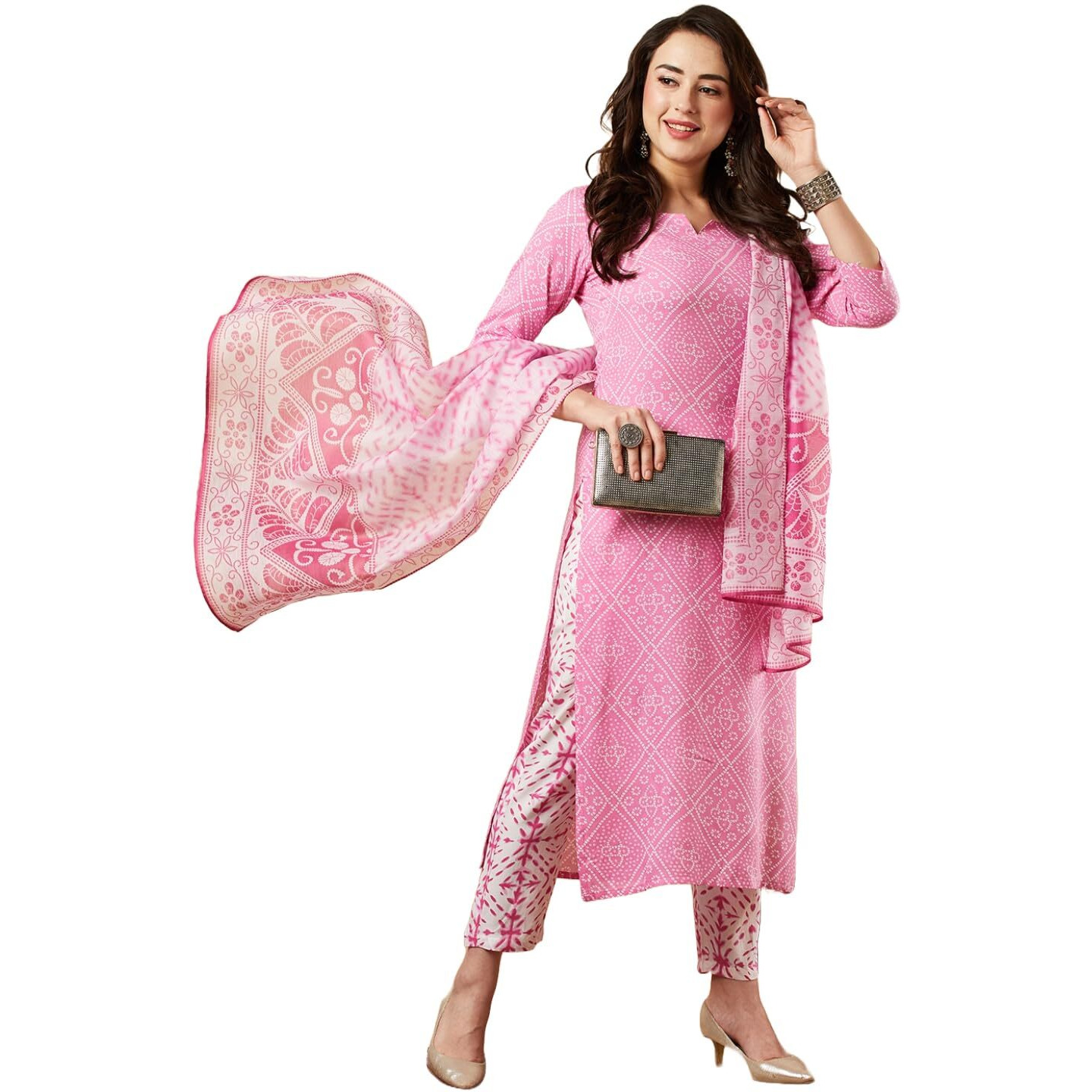 Gosriki Women's Cotton Blend Printed Straight Kurta With Pant & Dupatta (Dalaja Majenta-Nw-Gs_Xxl_Magenta_Xx-Large)