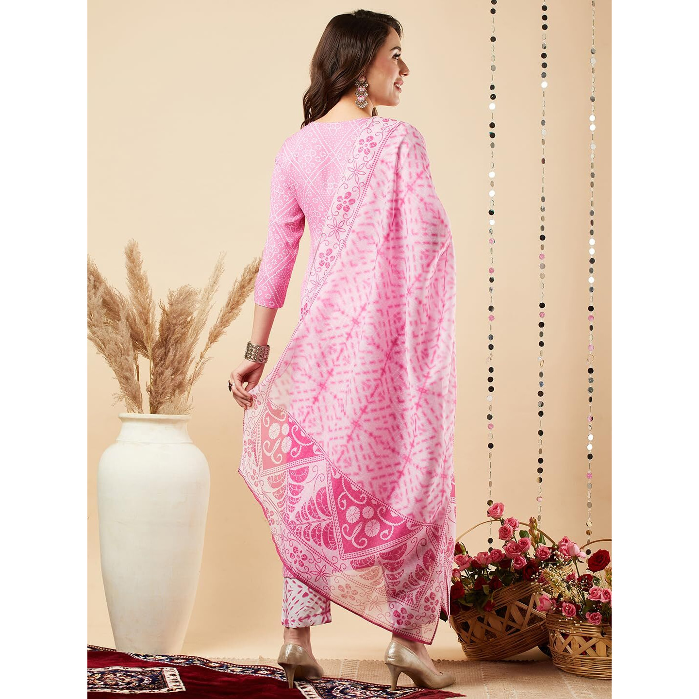 Gosriki Women's Cotton Blend Printed Straight Kurta With Pant & Dupatta (Dalaja Majenta-Nw-Gs_Xxl_Magenta_Xx-Large)