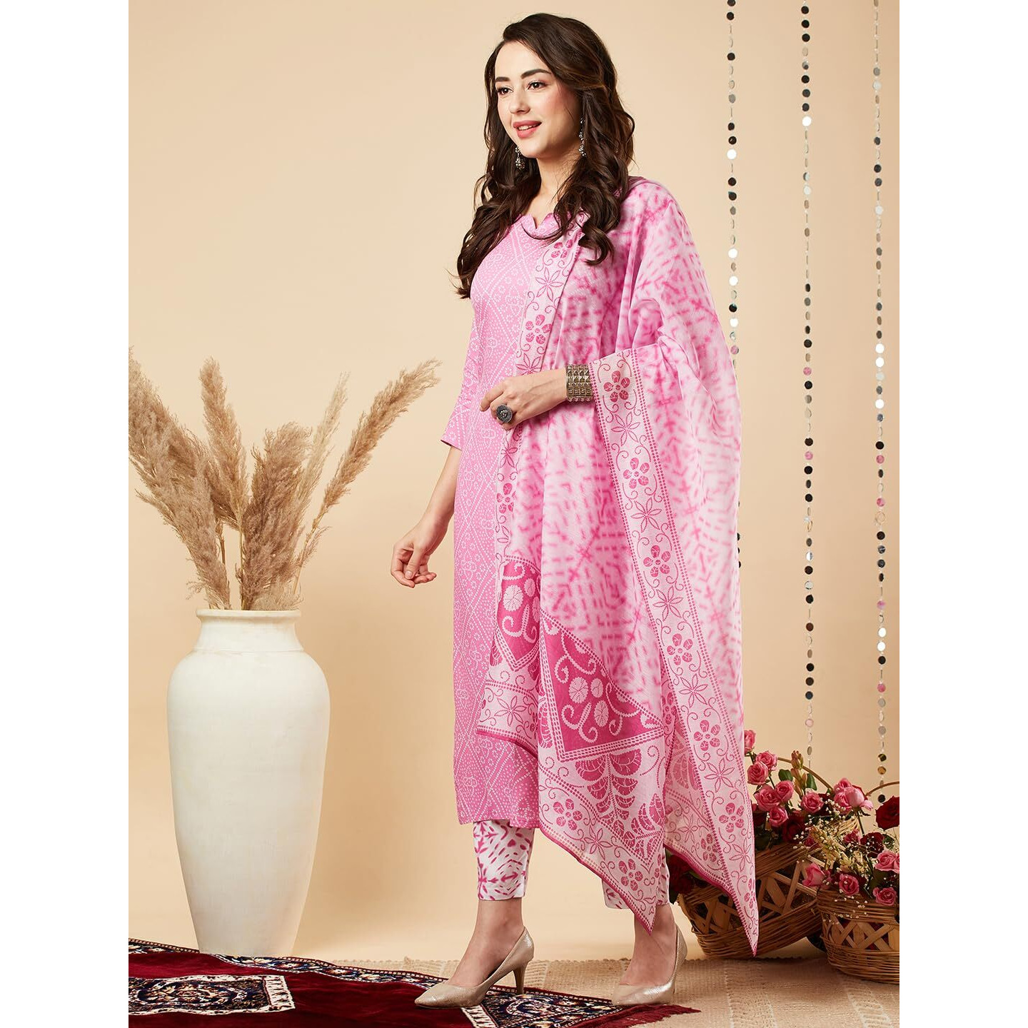 Gosriki Women's Cotton Blend Printed Straight Kurta With Pant & Dupatta (Dalaja Majenta-Nw-Gs_Xxl_Magenta_Xx-Large)