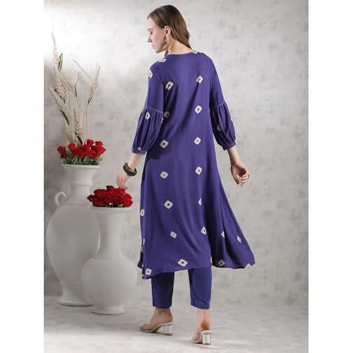 Gosriki Women's Rayon Blend Anarkali Printed Kurta With Pant (Anveshi Begani-Vks03-Gs_M_Begani_Medium)