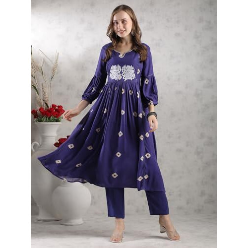Gosriki Women's Rayon Blend Anarkali Printed Kurta With Pant (Anveshi Begani-Vks03-Gs_M_Begani_Medium)