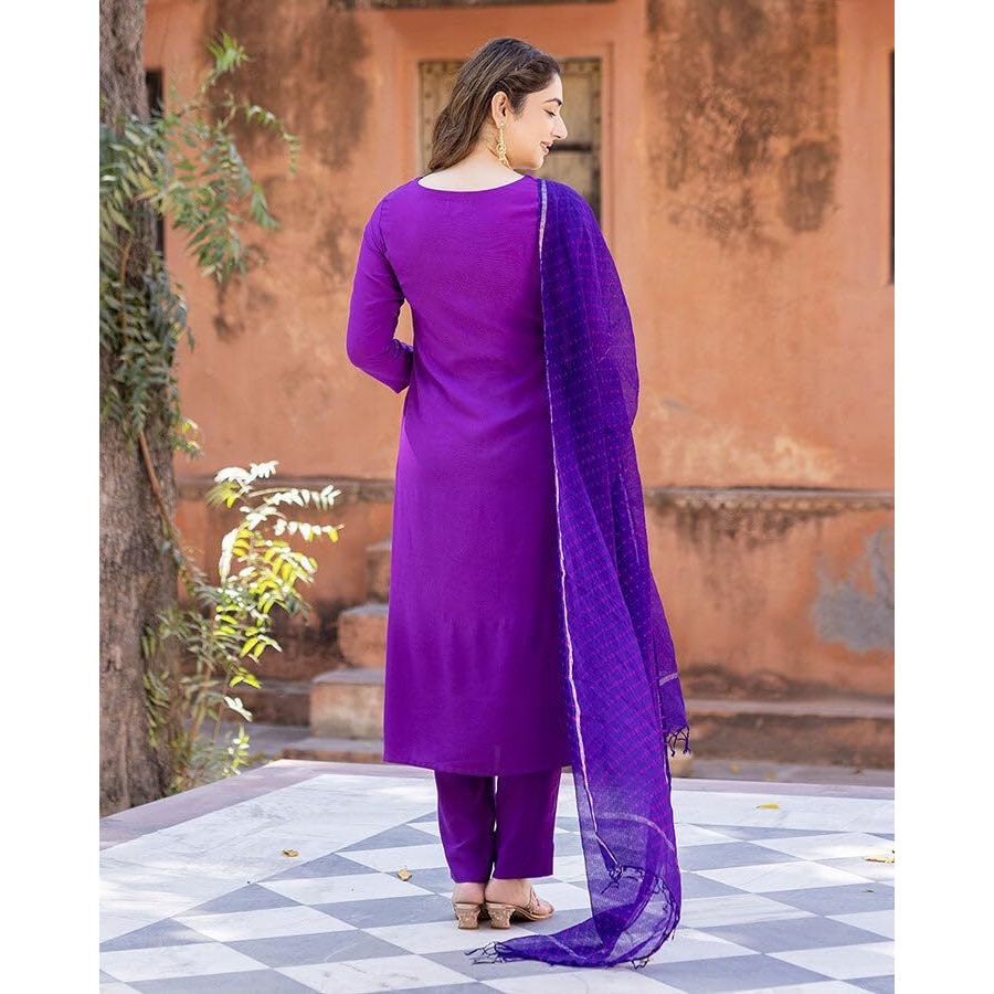Gosriki Women's Cotton Blend Straight Solid Kurta With Pant & Dupatta (Marg Purple-Gs_L_Purple_Large)