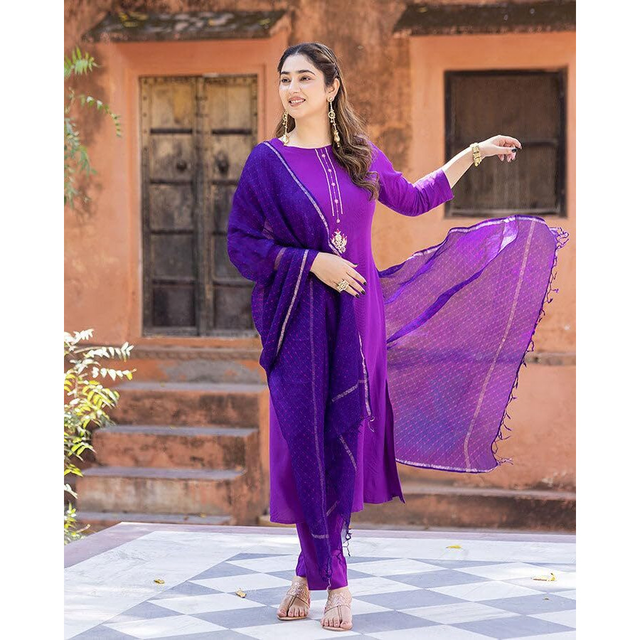 Gosriki Women's Cotton Blend Straight Solid Kurta With Pant & Dupatta (Marg Purple-Gs_L_Purple_Large)