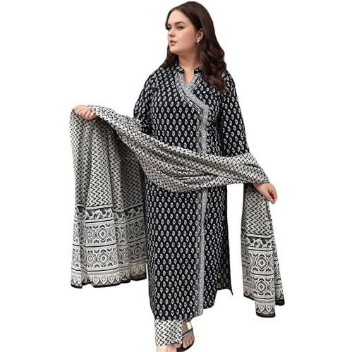Gosriki Women's Rayon Viscose Straight Printed Kurta With Pant & Dupatta (Mishru Black-Vks04-Gs_S_Black_Small)