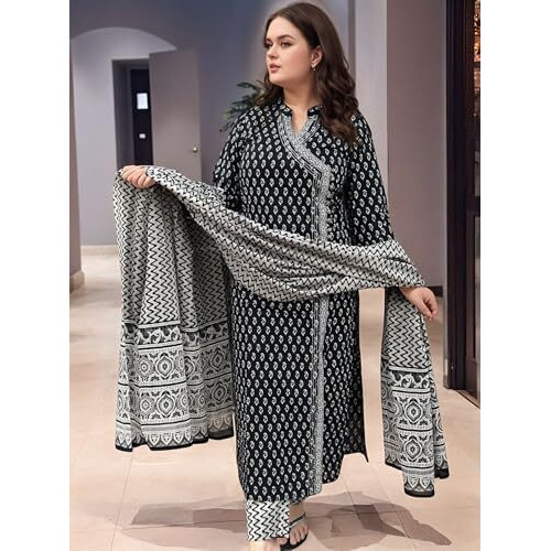 Gosriki Women's Rayon Viscose Straight Printed Kurta With Pant & Dupatta (Mishru Black-Vks04-Gs_S_Black_Small)