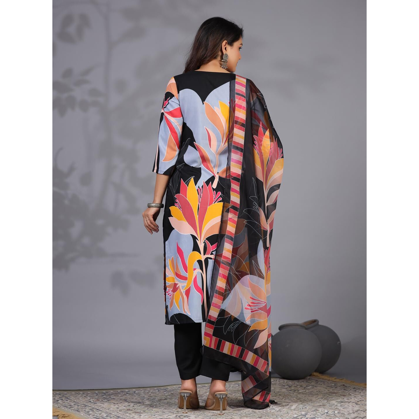Gosriki Women's Rayon Blend Printed Straight Kurta With Pant & Dupatta (Khissu Black-Nw-Gs_S_Black_Small)