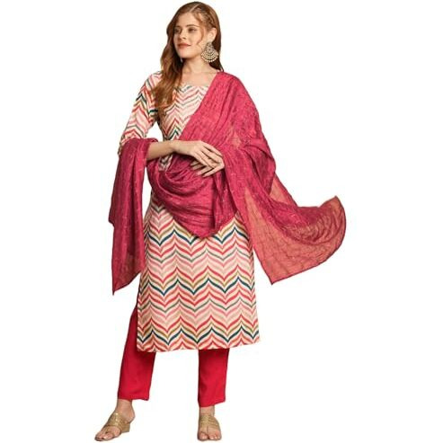 Gosriki Women's Cotton Blend Straight Printed Kurta With Pant & Dupatta (Kamkoj Pink-Gs_Xxl_Pink_Xx-Large)
