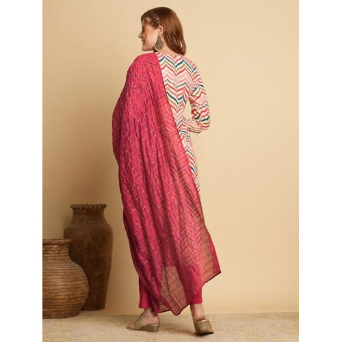 Gosriki Women's Cotton Blend Straight Printed Kurta With Pant & Dupatta (Kamkoj Pink-Gs_Xxl_Pink_Xx-Large)