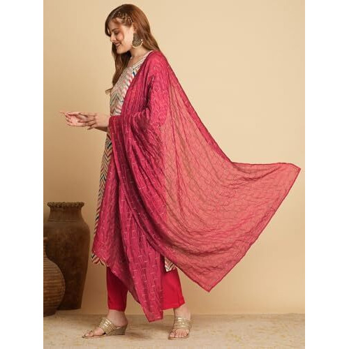 Gosriki Women's Cotton Blend Straight Printed Kurta With Pant & Dupatta (Kamkoj Pink-Gs_Xxl_Pink_Xx-Large)