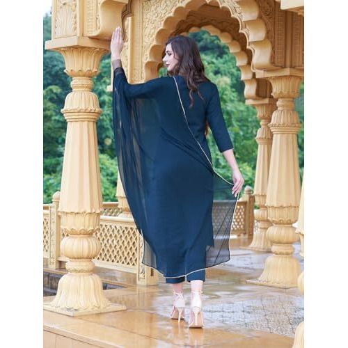 Gosriki Women's Cotton Blend Embroidered Straight Kurta With Pant & Dupatta (Bgm Kerosin-Gs_L_Dark Blue_Large)