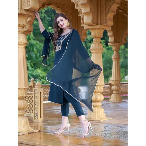 Gosriki Women's Cotton Blend Embroidered Straight Kurta With Pant & Dupatta (Bgm Kerosin-Gs_L_Dark Blue_Large)