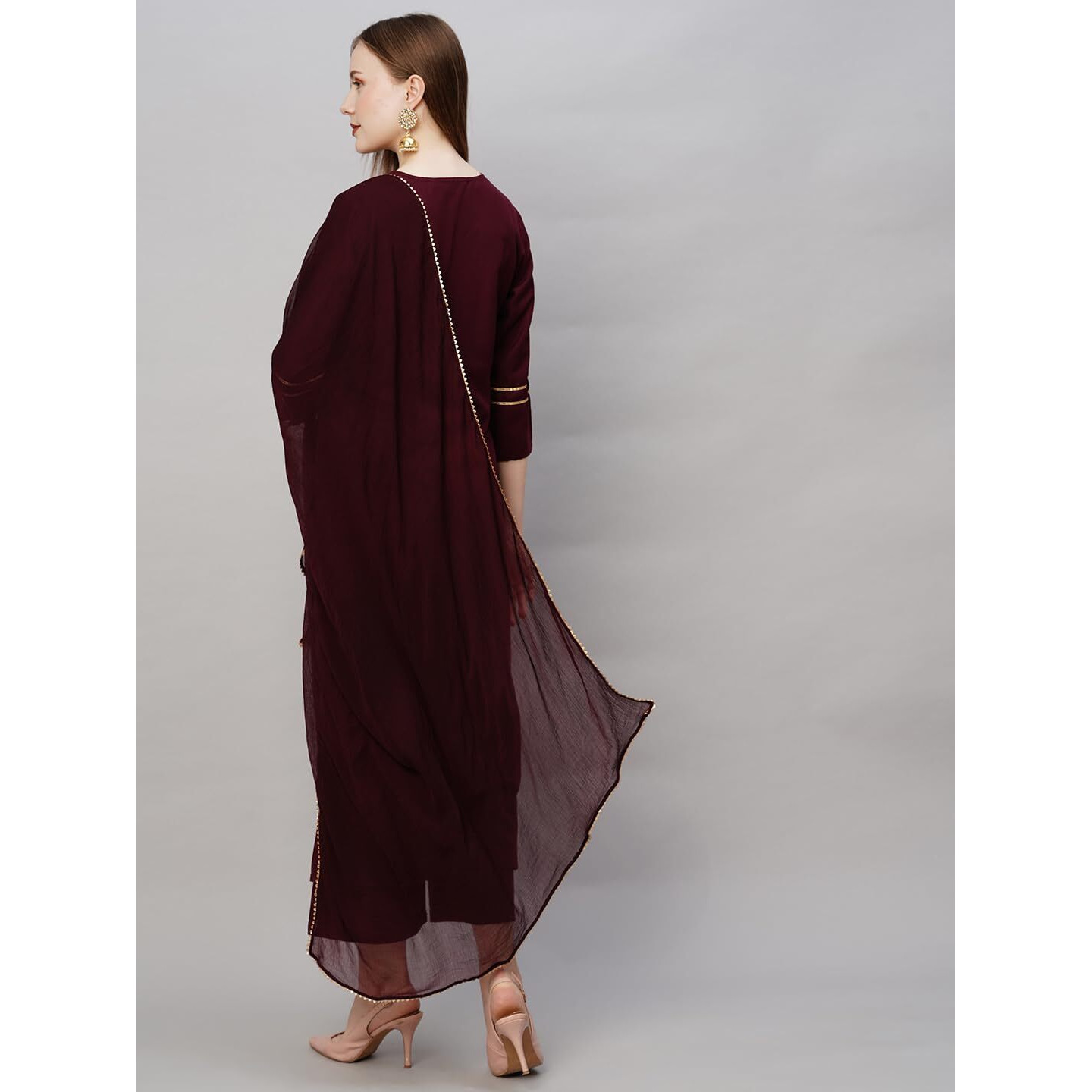 Gosriki Women's Cotton Blend Floral Straight Kurta With Pant & Dupatta (Dacia-Gs_Maroon_Small)