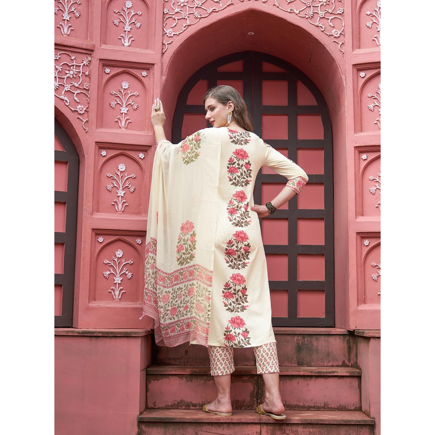 Gosriki Women's Rayon Blend Straight Printed Kurta With Pant & Dupatta (Actual-Cream-Nre-Gs_M_Cream_Medium)