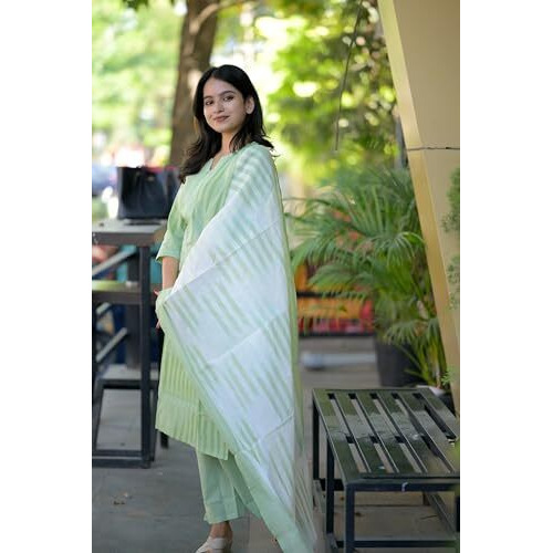 Gosriki Women's Rayon Viscose Straight Printed Kurta With Pant & Dupatta (Ajman Green-Gs_L_Green_Large)