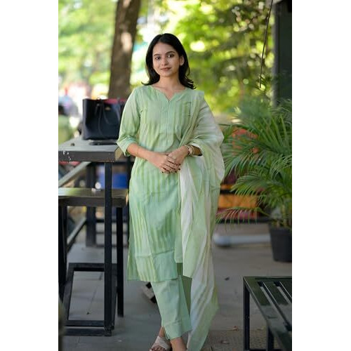 Gosriki Women's Rayon Viscose Straight Printed Kurta With Pant & Dupatta (Ajman Green-Gs_L_Green_Large)