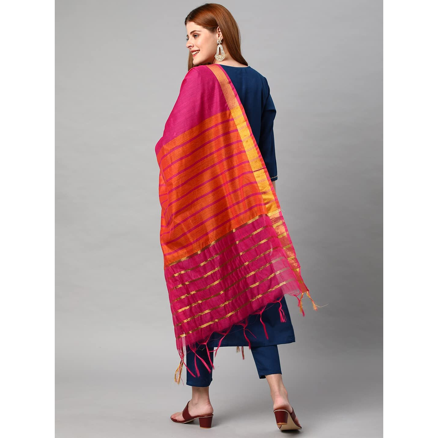 Gosriki Women's Cotton Blend Straight Solid Kurta With Pant & Dupatta (Acdt-Cerosin-Gs_S_Dark Blue_Small)