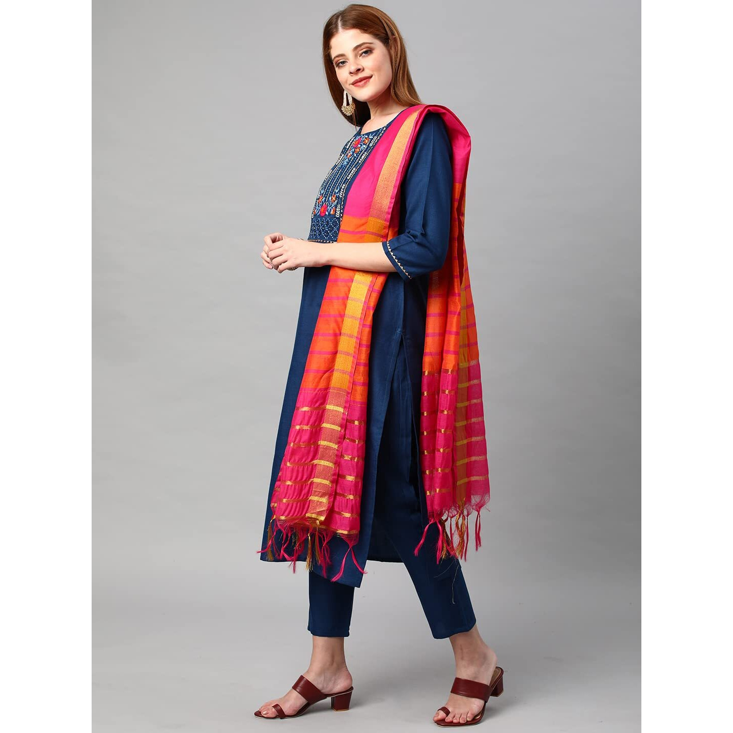 Gosriki Women's Cotton Blend Straight Solid Kurta With Pant & Dupatta (Acdt-Cerosin-Gs_S_Dark Blue_Small)