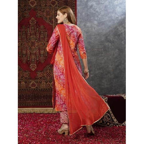Gosriki Women's Cotton Blend Straight Printed Kurta With Pant & Dupatta (Vedhabali Pink-Jb-Gs_M_Pink_Medium)