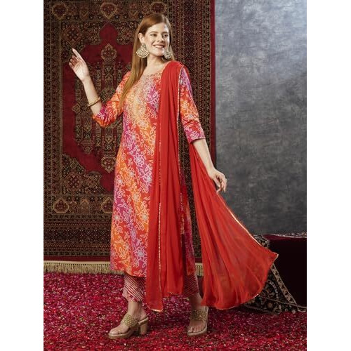 Gosriki Women's Cotton Blend Straight Printed Kurta With Pant & Dupatta (Vedhabali Pink-Jb-Gs_M_Pink_Medium)